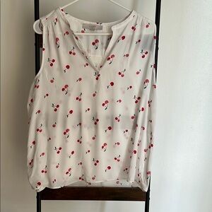 LOFT Red and Green Sleeveless Blouse with Mandarin Collar